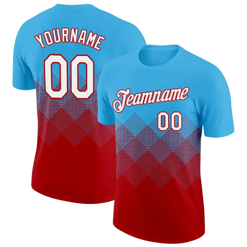 Custom Sky Blue White-Red 3D Pattern Design Gradient Square Shapes Performance T-Shirt