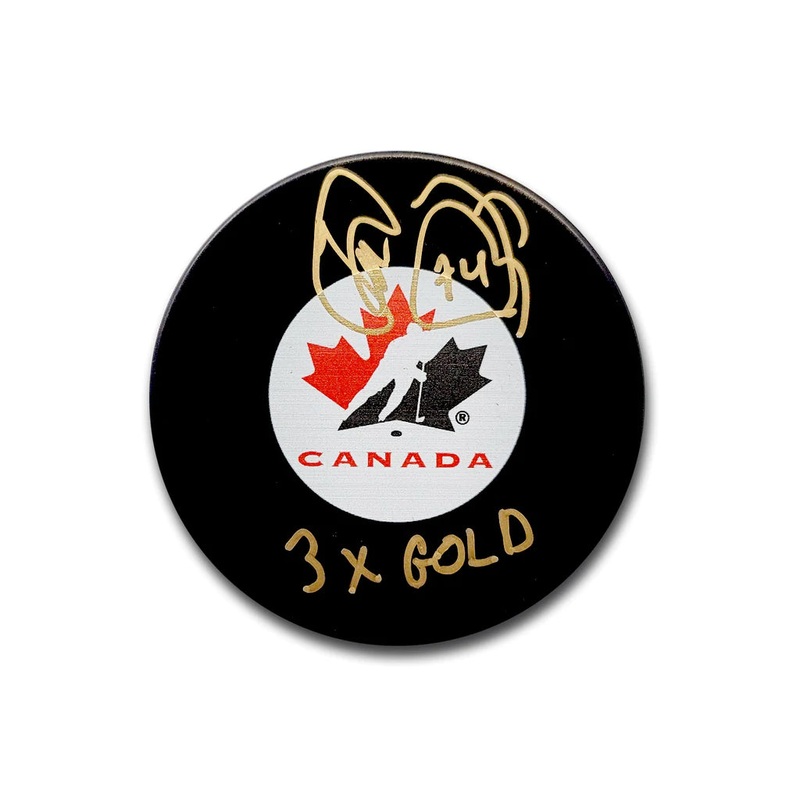 Theo Fleury Team Canada Autographed Hockey Puck Inscribed 3 x Gold