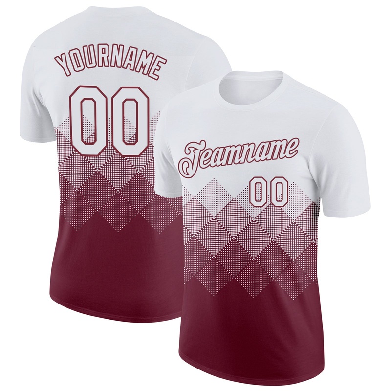 Custom White Burgundy 3D Pattern Design Gradient Square Shapes Performance T-Shirt