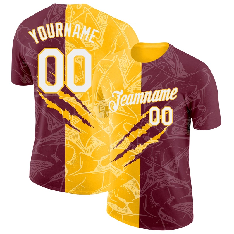 Custom Graffiti Pattern White Burgundy-Gold Scratch 3D Performance T-Shirt