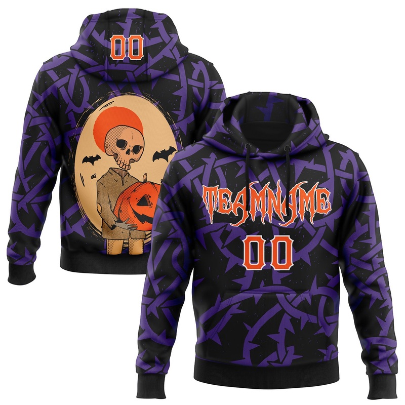 Custom Black Orange Purple-White 3D Halloween Skull Pumpkin Party Costume Ideas Sports Pullover Sweatshirt Hoodie