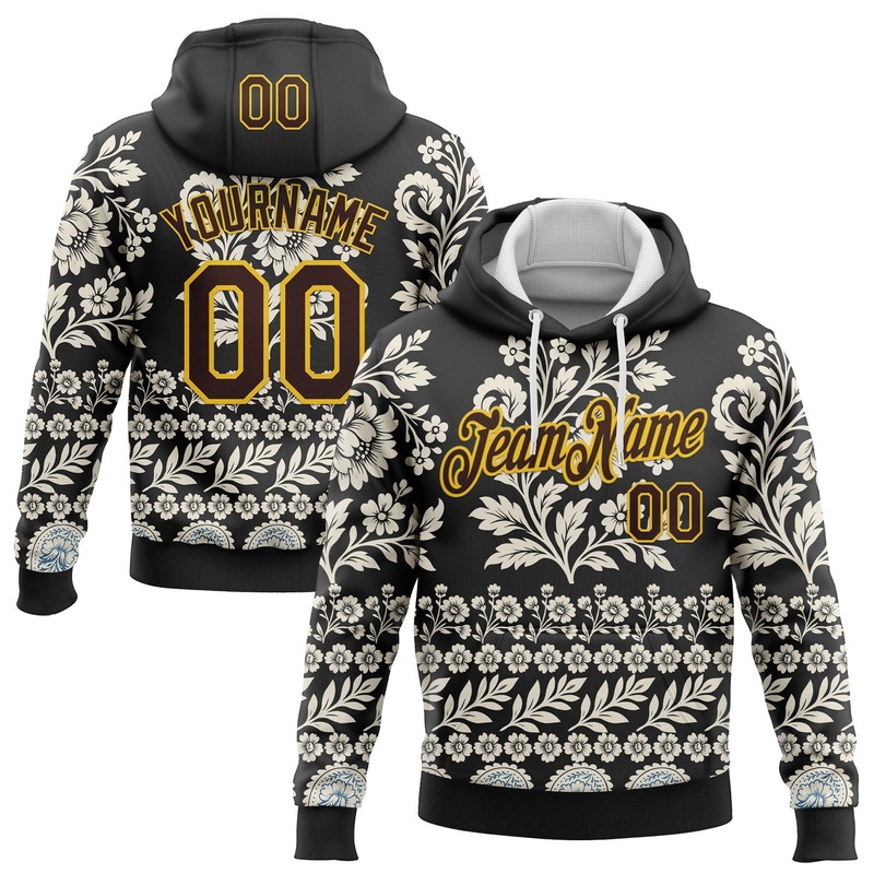 Custom Stitched Black Brown Cream-Yellow 3D Pattern Design Ethnic Paisley Floral Bandana Sports Pullover Sweatshirt Hoodie