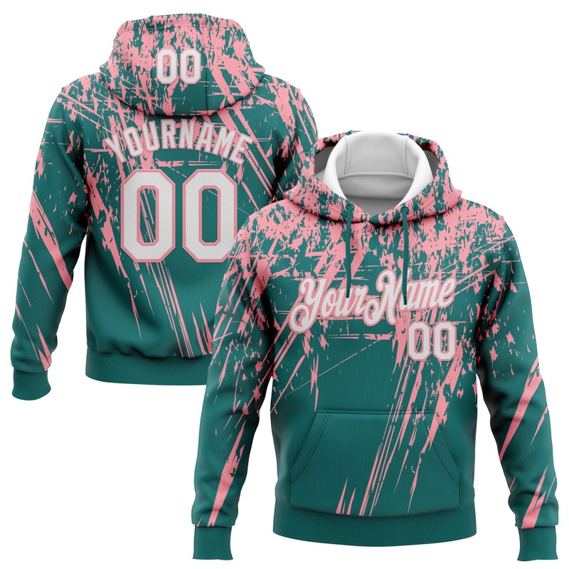 Custom Stitched Teal White-Medium Pink 3D Pattern Design Splash Grunge Art Sports Pullover Sweatshirt Hoodie