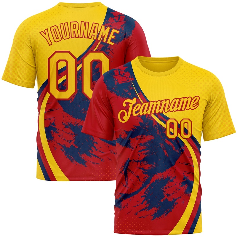 Custom Yellow Red 3D Pattern Design Spain Splash Sportswear Performance T-Shirt