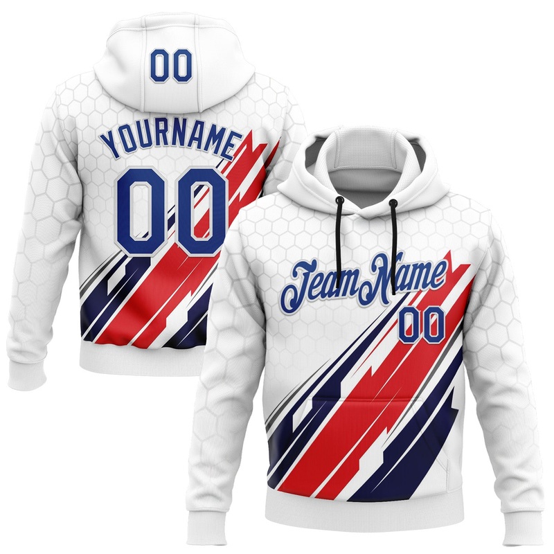 Custom Stitched White Royal-Red 3D Pattern Design American Inspired Abstract Geometric Honeycomb Shape Sportswear Pullover Sweatshirt Hoodie