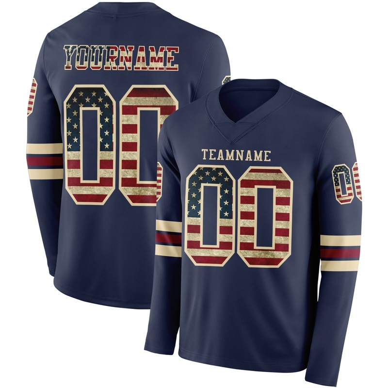 Custom Navy Vintage USA Flag Cream-Crimson Long Sleeve Authentic Football Jersey